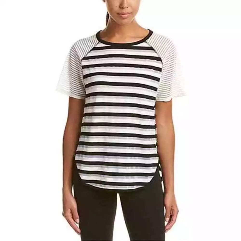 DEREK LAM | 10C Athleta Mesh Striped Raglan Tee Black White Short Sleeve Small